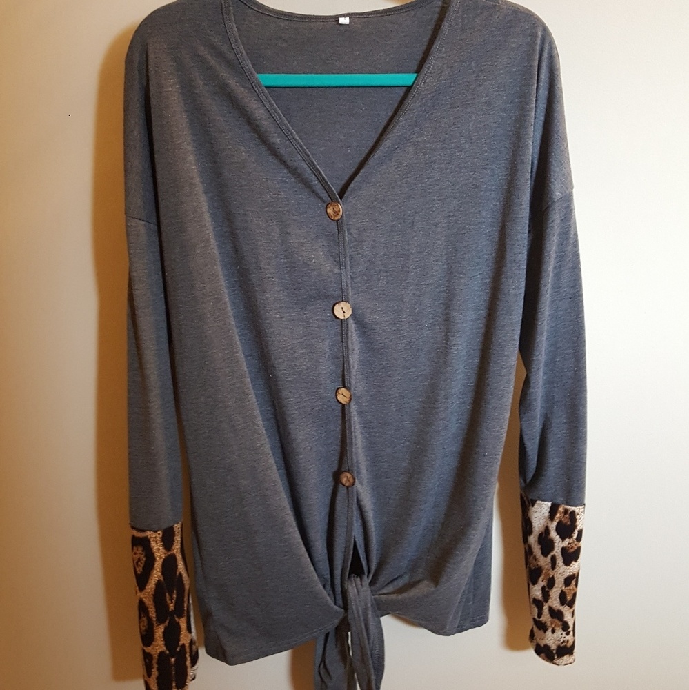 Grey Button Up Blouse with Leopord Sleeve
